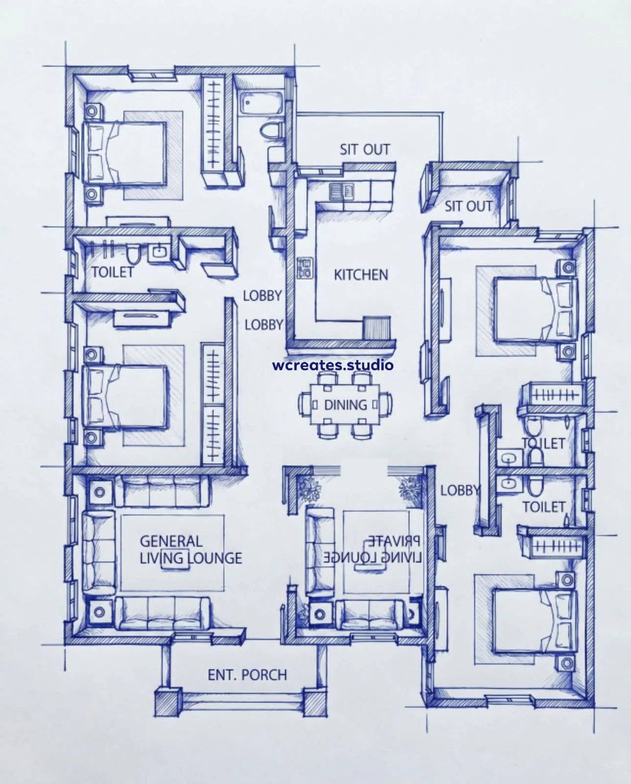 Hand-marked residential floor plan